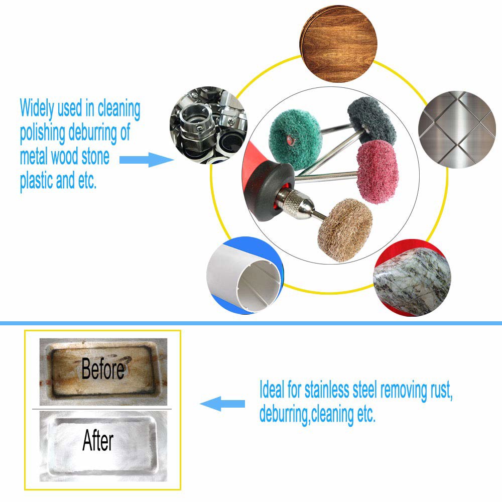 회전 공구용 FPPO 50PCS 연마 버퍼링 휠 세트, 3mm 생크로 금속 표면의 녹 제거, 미니 스커싱 패드 브러시 키트(180개 녹색 포함) grit 320 red 50pcs - 상세 이미지 3