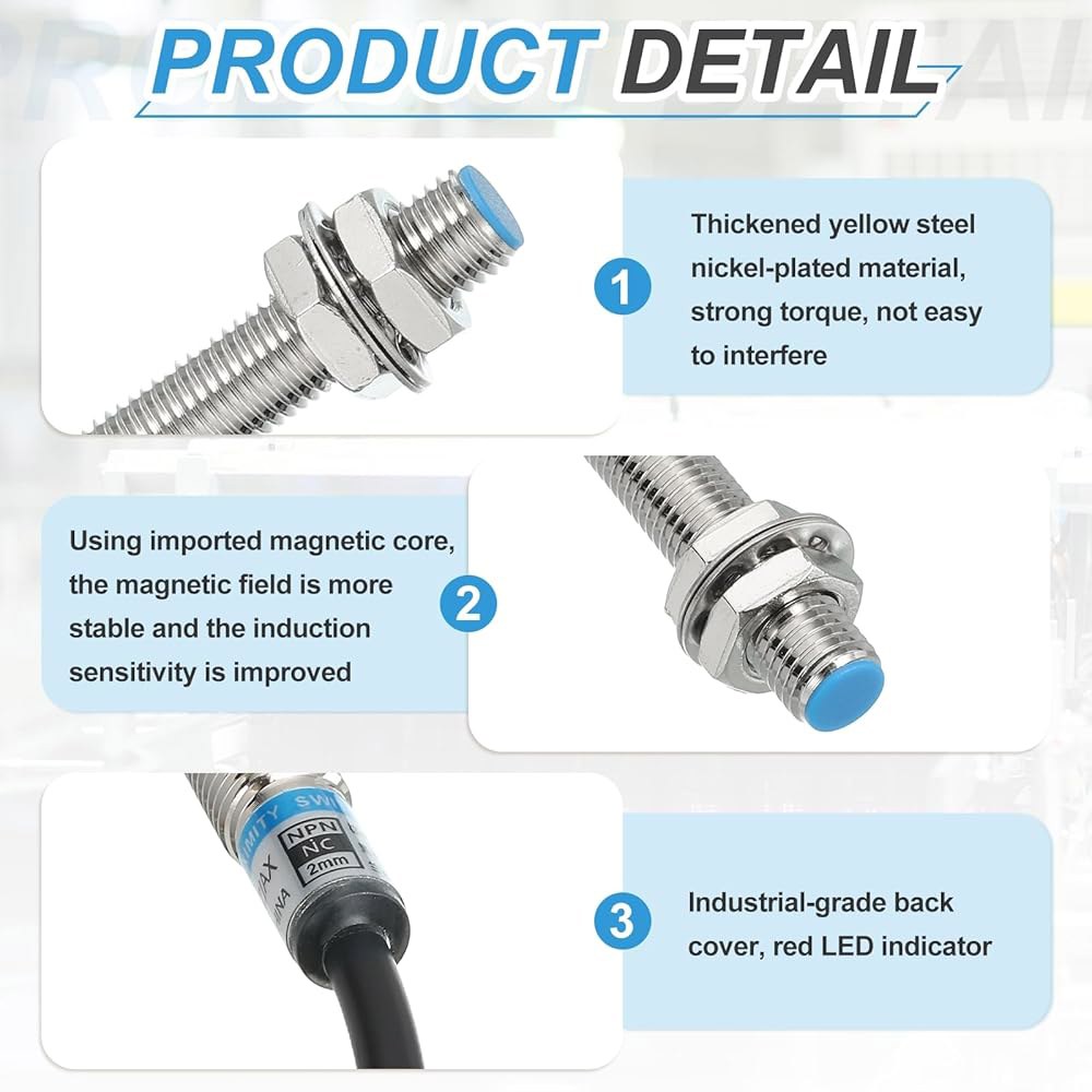 MECCANIXITY 유도 근접 센서, PNP NC M12 DC 6-36V 300mA 스위치 감지기 접근 센서 산업 자동화를 위한 2mm 3 와이어 LJ12A3-2-Z /AY - 상세 이미지 3