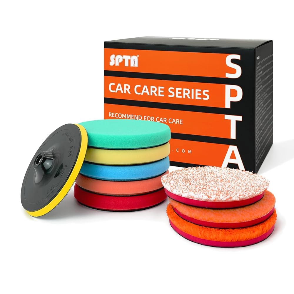 SPTA 9Pcs 연마 패드 키트, 7인치 대형 버핑 패드, 자동차 폼 스펀지 관리용 폴리셔 보트 왁싱, 광택, 밀봉 유약을 위한 5/8-11 백플레이트 포함 - 상품 이미지
