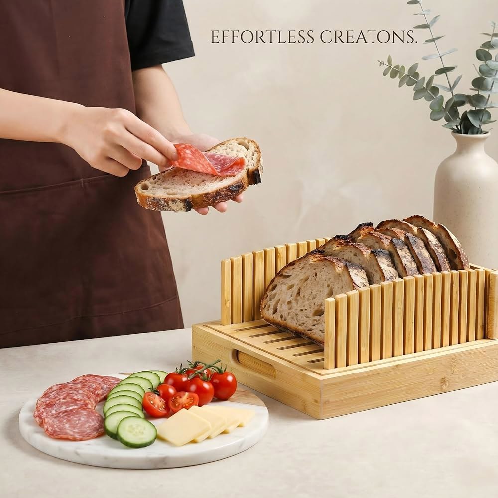 10.5인치 추가 사워도우 빵 슬라이서 가이드 - 크럼 트레이 및 서빙 보드가 있는 프리미엄 대나무 커터 수제 부울, 도구 선물용 장인 슬라이싱 - 상세 이미지 2