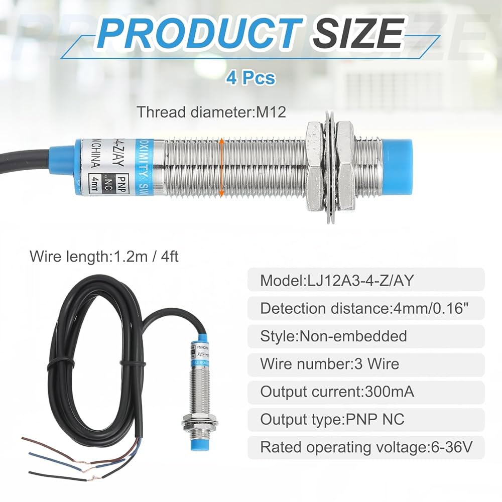 MECCANIXITY 4Pcs 유도 근접 센서, PNP NC M12 DC 6-36V 300mA 스위치 감지기 접근 센서 4mm 3 와이어 산업 자동화 LJ12A3-4-Z /AY - 상세 이미지 2