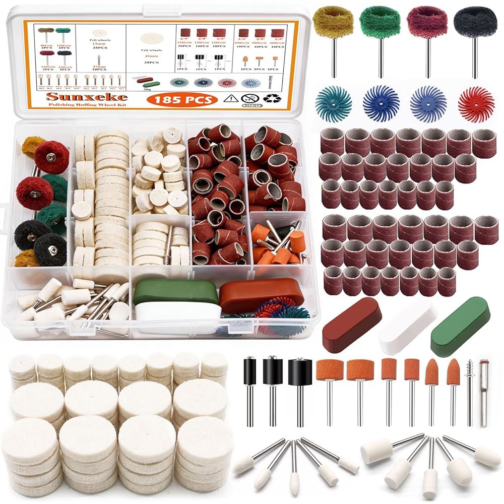 샌딩 드럼 u20131/8인치 섕크 로터리 툴 액세서리 세트가 포함된 Sunxeke 185Pcs 울 펠트 연마 키트, 금속, 목재, 세라믹, 스테인리스 스틸 및 유리용 완충 휠, - 상품 이미지