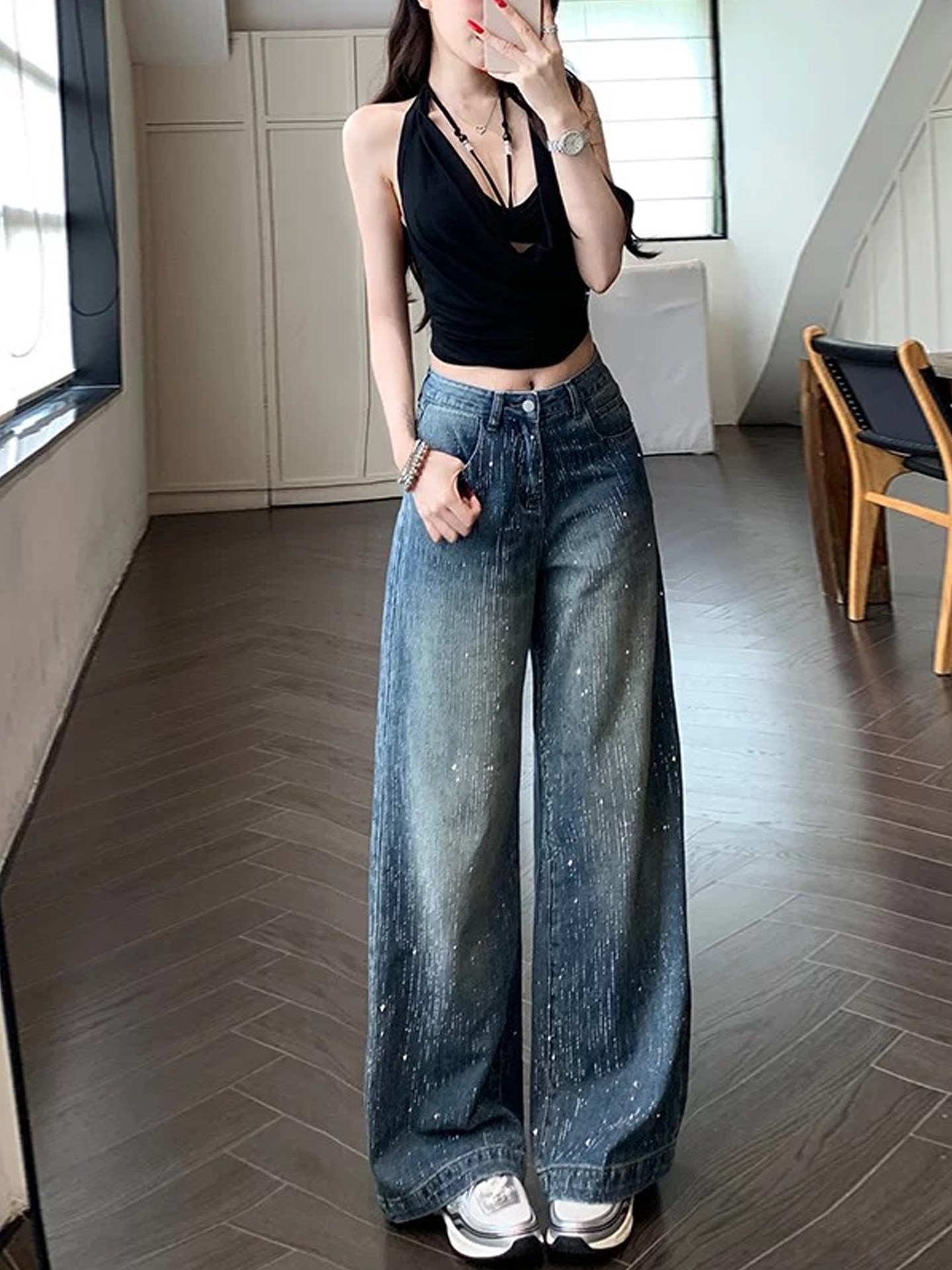 반짝이청바지 와이드 중청 데님 스톤 큐빅 화려한 여성 팬츠 S - 상세 이미지 5