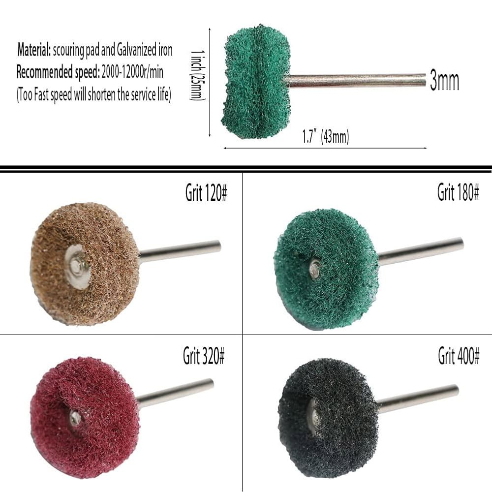 회전 공구용 FPPO 50PCS 연마 버퍼링 휠 세트, 3mm 생크로 금속 표면의 녹 제거, 미니 스커싱 패드 브러시 키트(180개 녹색 포함) grit 320 red 50pcs - 상세 이미지 2