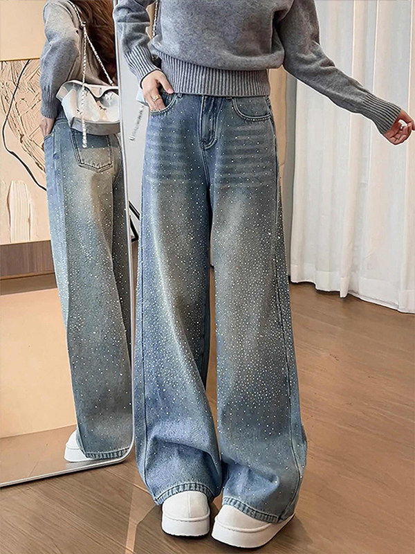 반짝이청바지 와이드핏 여성 데님 화려한 큐빅 반짝이 청바지 블루 S - 상품 이미지