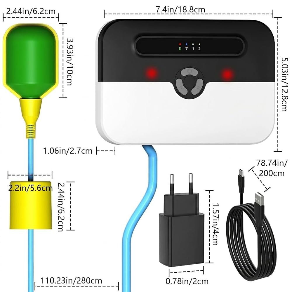 럭키듀오 고/저섬프 펌프 알람 WiFi [새 업그레이드], 내장 백업 배터리, 스마트 앱 알림 알림, 워터 레버 센서 감지기, 10피트 테더링 플로트 스위치, 지하실용 110dB - 상세 이미지 2