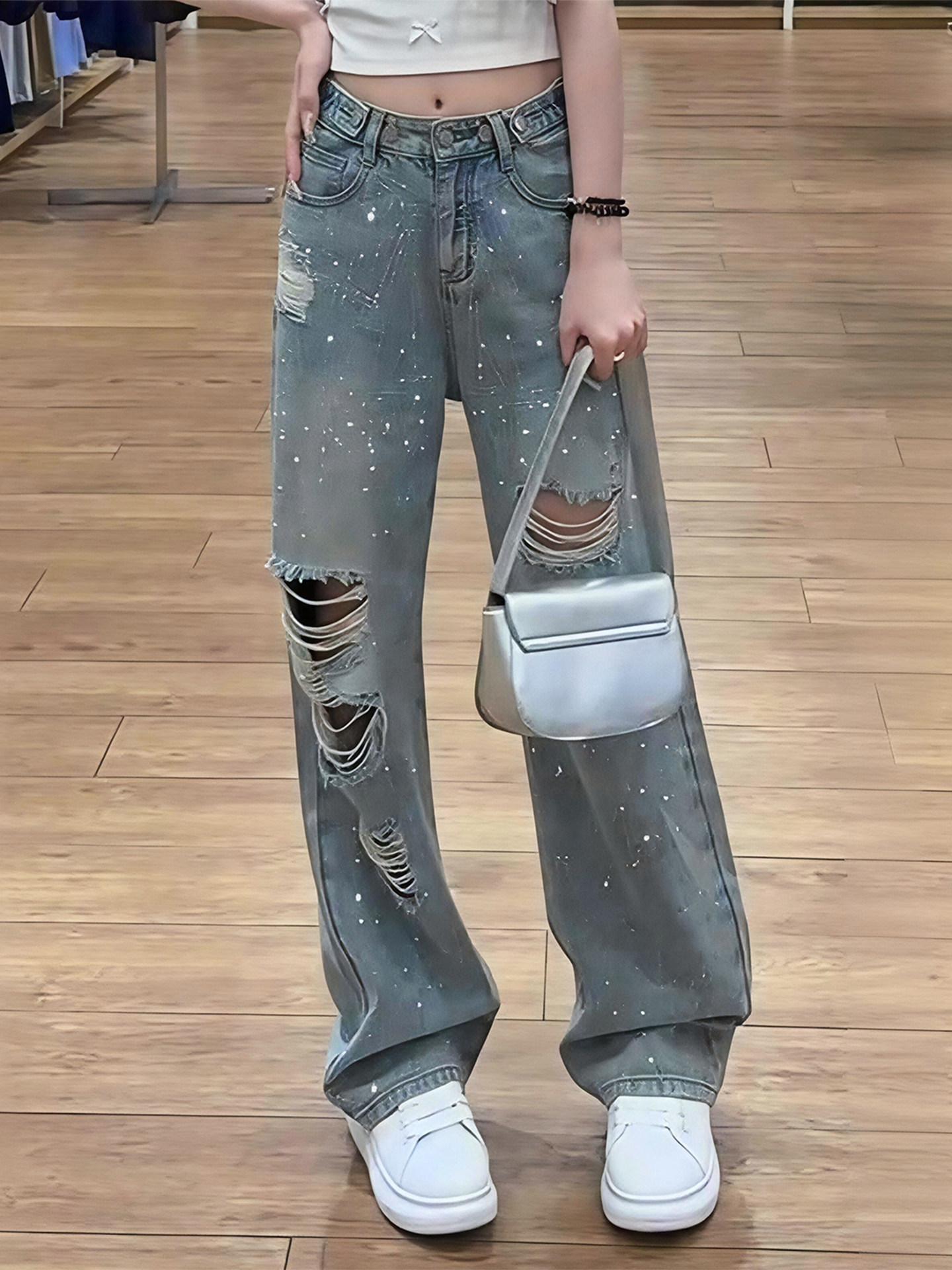 반짝이청바지 루즈핏 화려한 와이드 팬츠 봄 여름 찢어진 청바지 S - 상세 이미지 2