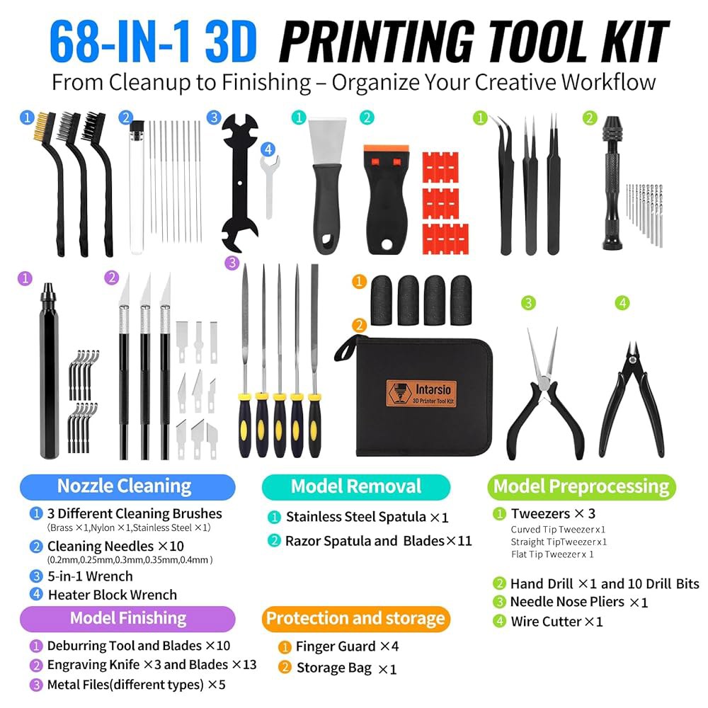 68Pcs 3D 프린터 도구 키트(보관 케이스 포함), 액세서리 - 디버링 도구, 스크레이퍼 제거 프린터, 금속 파일, 브러시, 핸드 드릴, 핀셋, 밤부 랩, 엔더 3, 코브라 - 상세 이미지 2