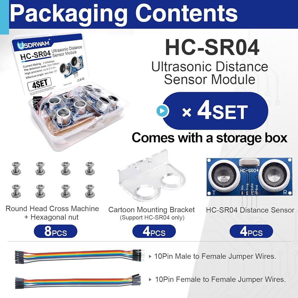 장착 브래킷이 있는 4PCS HC-SR04 거리 센서 모듈, 2 u2013400cm 범위, 5V 비접촉 측정 센서, 로봇 및 자동화를 위한 Arduino R3 MEGA2560 나노 - 상세 이미지 3