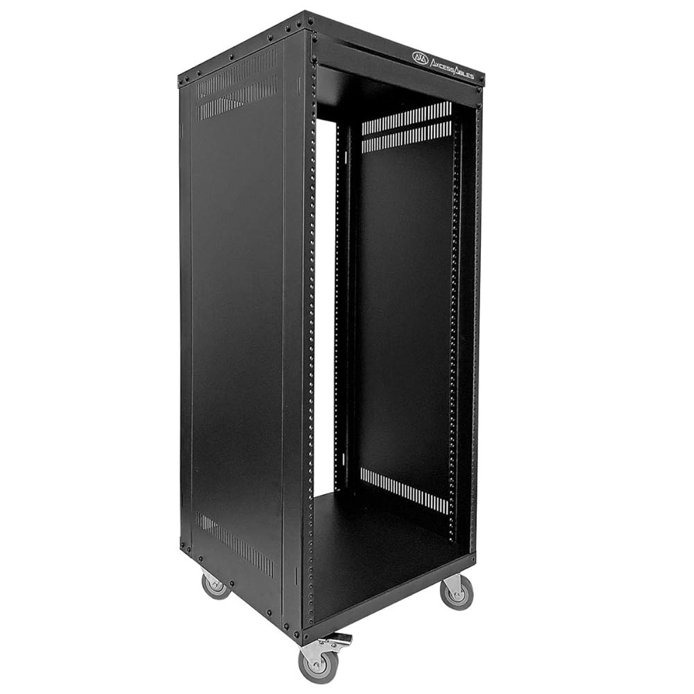 AxceAble 22U 19인치 롤링 IT 서버 랙 550LB 헤비 듀티 오픈 프레임, 탈착식 측면 패널, 네트워킹 및 랙마운트 기어용 대형 3인치 잠금 캐스터, 5mm 6mm - 상품 이미지