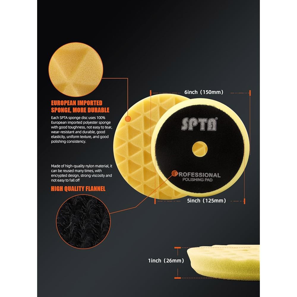 완충 연마 패드, SPTA 3인치 80mm 바디 리페어 패드 세트, 백플레이트용으로 제작됨, 스펀지, 울, 마이크로파이버 세트가 포함된 6개의 (5인치(125mm) 세트) - 상세 이미지 2