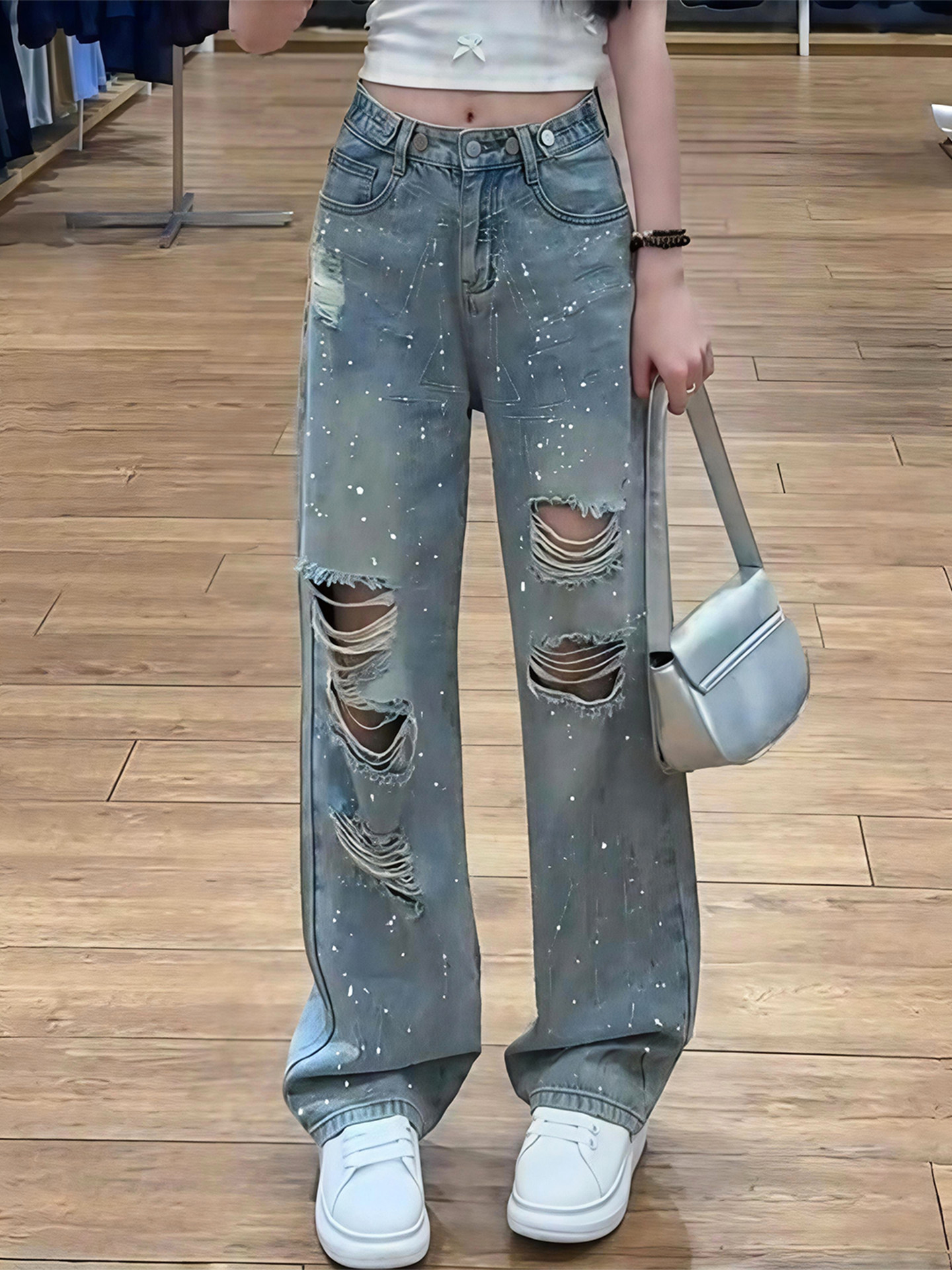 반짝이청바지 루즈핏 화려한 와이드 팬츠 봄 여름 찢어진 청바지 S - 상품 이미지