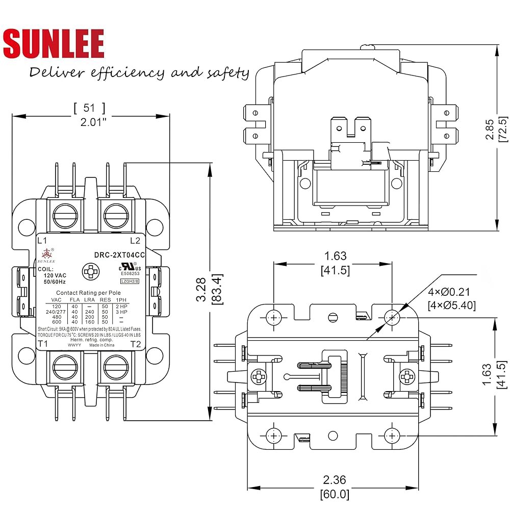 콘덴서 HVAC 접점용 42CF15AF에 해당하는 SunLee 2극 40암페어 접점 120v 코일 UL 조명 부하 50암페어 2P 40A 24VAC - 상세 이미지 2