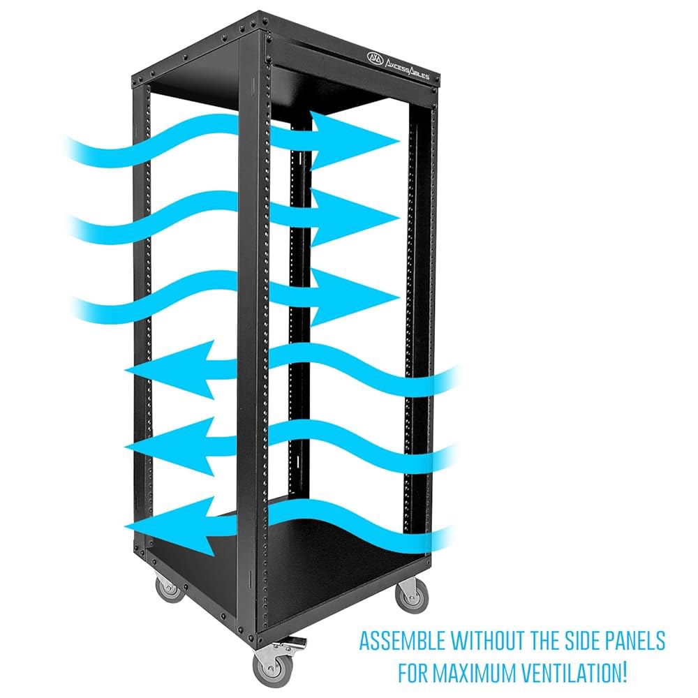 AxceAble 22U 19인치 롤링 IT 서버 랙 550LB 헤비 듀티 오픈 프레임, 탈착식 측면 패널, 네트워킹 및 랙마운트 기어용 대형 3인치 잠금 캐스터, 5mm 6mm - 상세 이미지 3