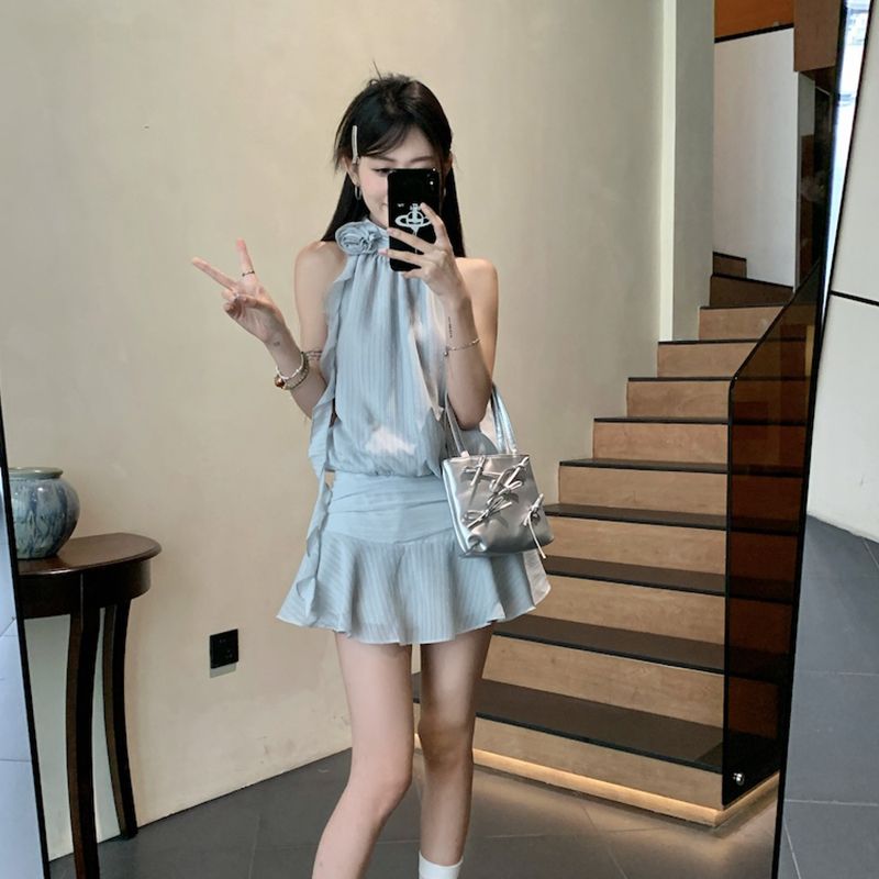 스트랩 끈나시 줄무늬 민소매 슬리브리스 레이어드 탑 티셔츠 골지 민소매티 민소매나시 이너 블루 S - 상세 이미지 4