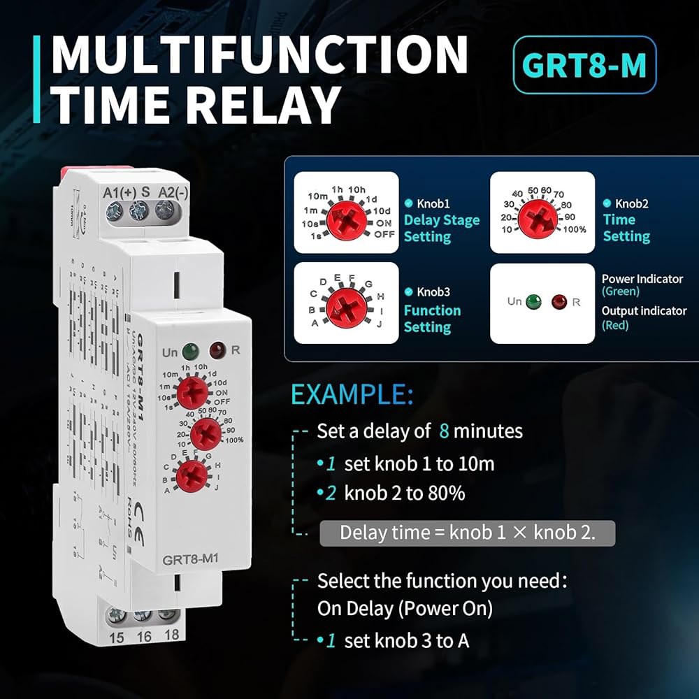 다기능 시간 릴레이, GRT8-M1 AC DC 12-240V에서 16A 지연 켜짐, 10 릴레이 타이머 제어 기능 모드 DIN 철도 전자 0.1초에서 10일 동안 넓은 범위 제공 - 상세 이미지 2