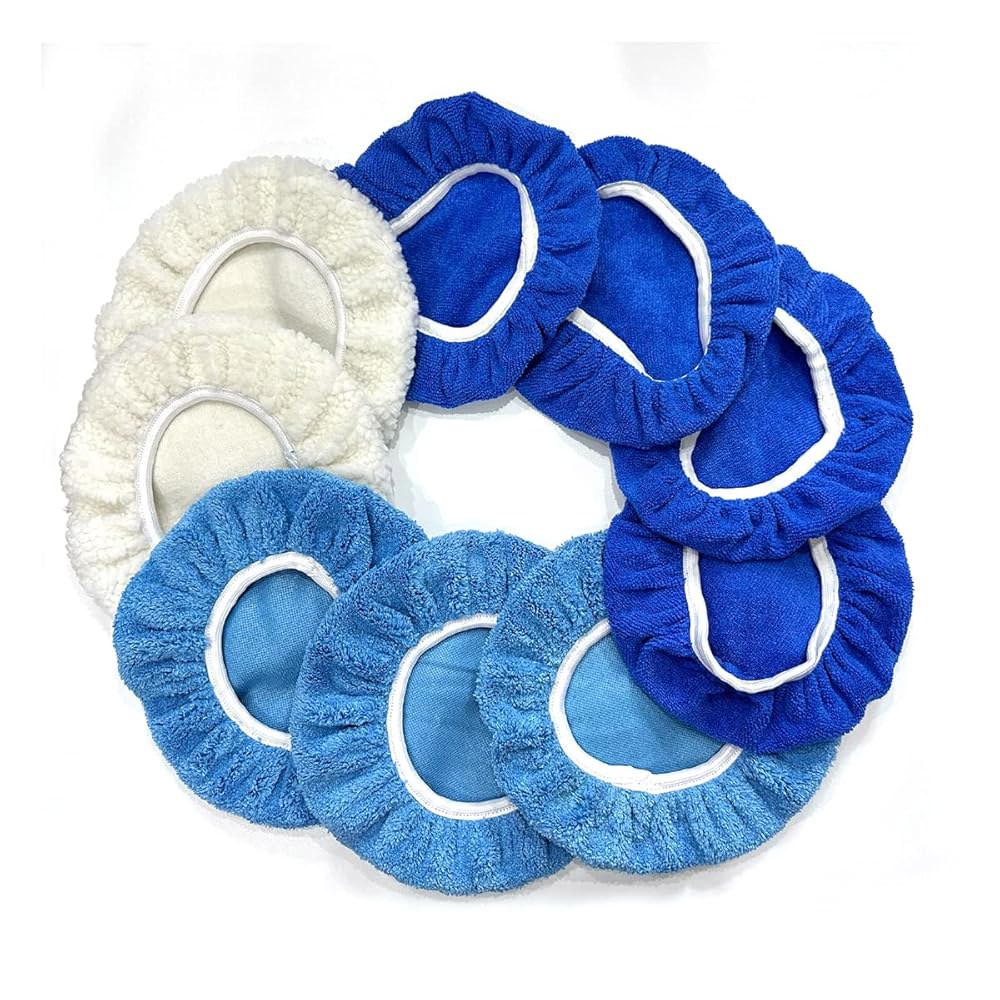 AICEL 9PCS 자동차 완충 폴리셔 패드 보닛, 9~10인치 궤도 연마 보닛 코랄 플리스 커버, 소프트 마이크로파이버 모직 왁스 키트, 범용 자동 청소 세트 - 상품 이미지