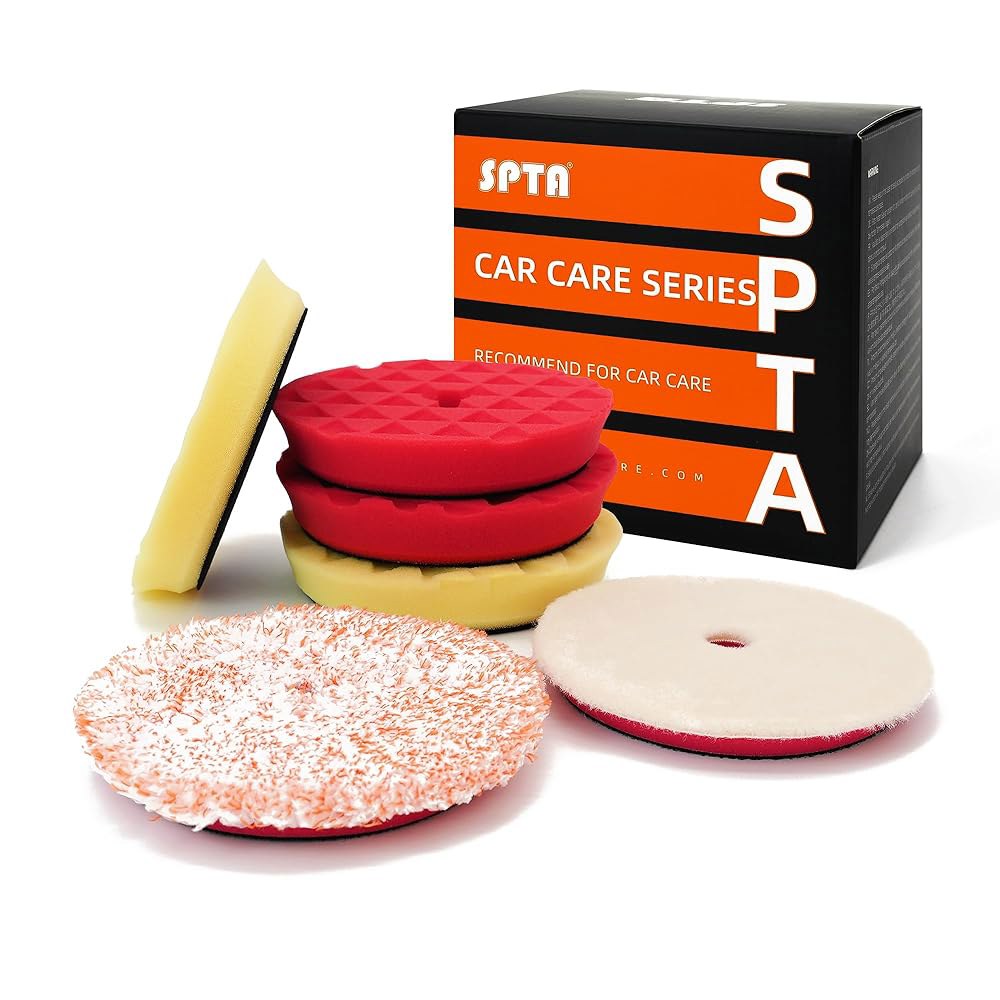 완충 연마 패드, SPTA 3인치 80mm 바디 리페어 패드 세트, 백플레이트용으로 제작됨, 스펀지, 울, 마이크로파이버 세트가 포함된 6개의 (5인치(125mm) 세트) - 상품 이미지