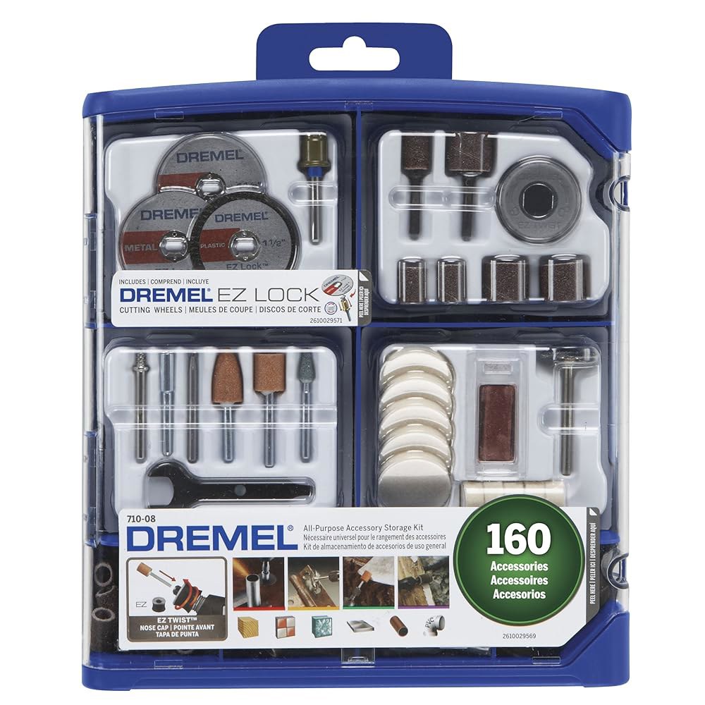 Dremel 160피스 회전 공구 액세서리 키트(EZ Lock 기술 포함) - 1/8인치 생크 커팅 비트, 연마 휠 및 컴파운드, 샌딩 드럼 디스크(710-08) 70-Pieces - 상품 이미지