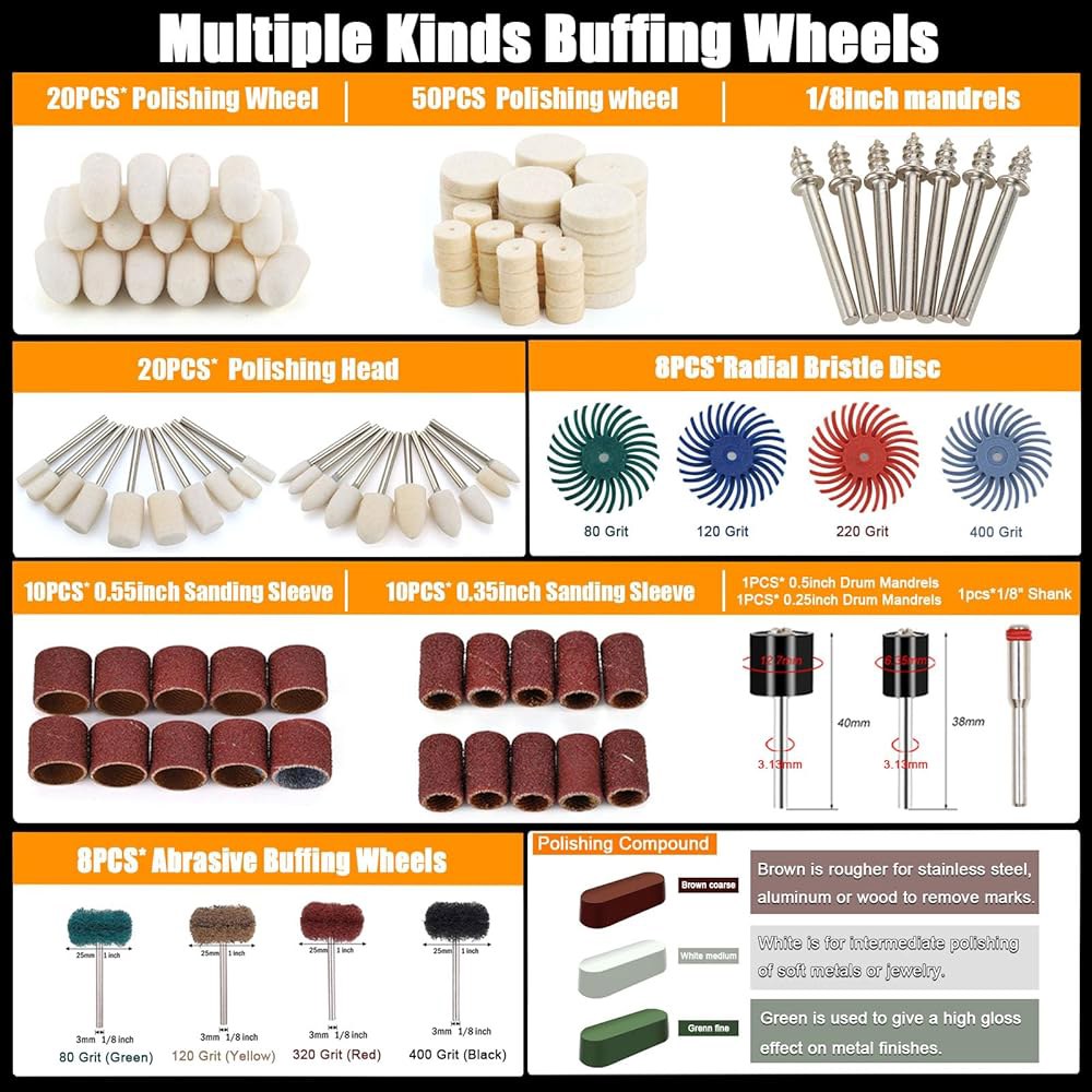 드레멜 공구와 호환되는 140 PCS 연마 키트, 회전 공구 액세서리용 버핑 휠 비트, 생크 1/8, 3Pcs 컴파운드, 금속, 수지, 목재, 주얼리용 소형 샌딩 키트 - 상세 이미지 2