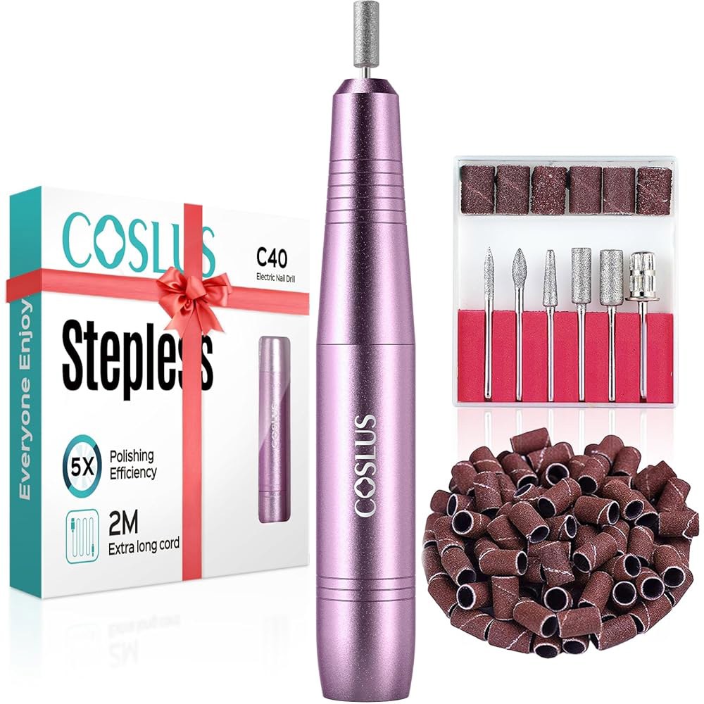COSLUS C40 전기 네일 드릴 파일 전문가 아크릴 젤 딥 파우더 휴대용 기계 키트 매니큐어 페디큐어 도구 연마 세트 비트 샌딩 밴드 포함 Dark Purple - 상품 이미지