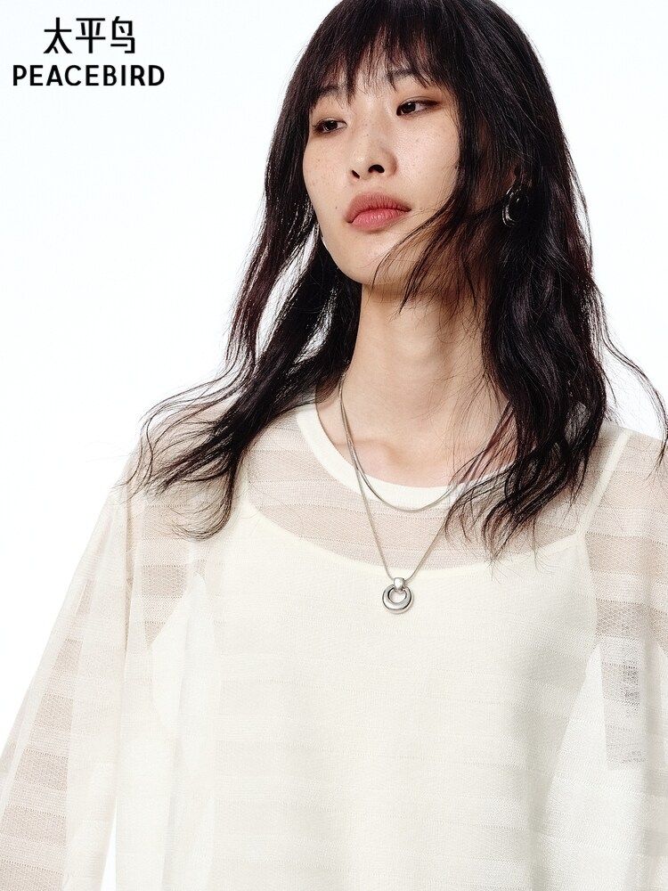 반투명 레이어드 여성티셔츠 줄무늬 여자 여성반팔티 루즈핏 스트라이프티셔츠 여름 라운드 로고 화이트 XS - 상세 이미지 3