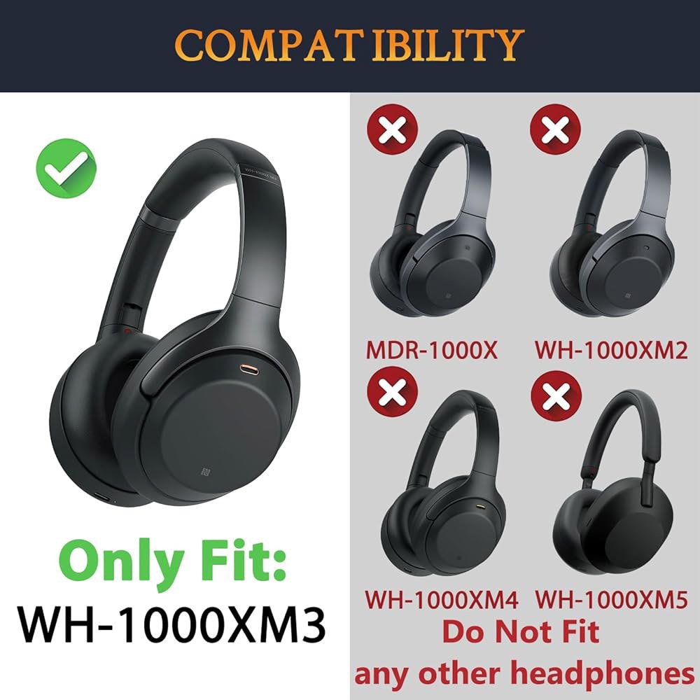 소니 WH-1000XM3(WH1000XM3) 오버이어 헤드폰용 소울윗 쿨링-젤 교체 이어패드, 고밀도 소음 차단 폼이 포함된 이어패드 쿠션, 두께 추가 - 블랙 Black Gold - 상세 이미지 2
