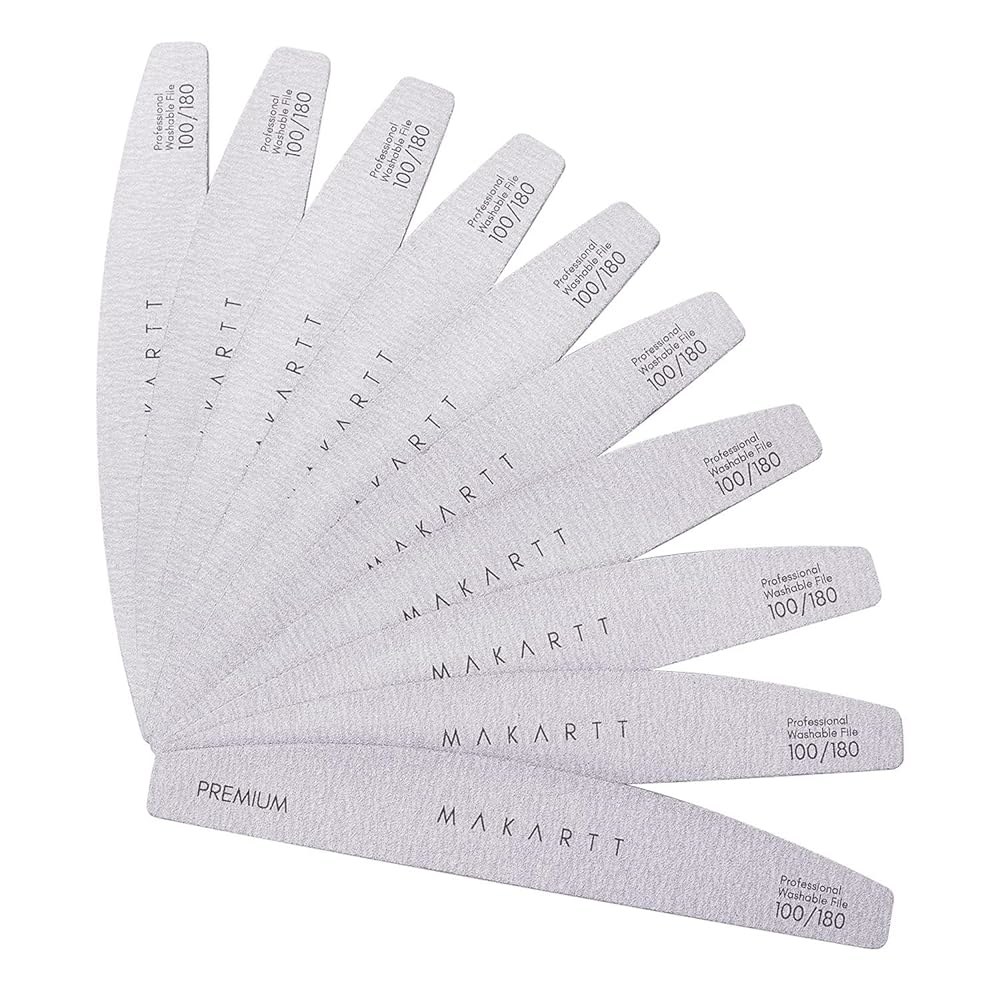 마카트 네일 파일 100/180 그릿, 프리버핑 세이프 엣지가 있는 10PCS 에머리 보드, 아크릴, 젤, 딥 파우더 및 두꺼운 천연 네일용 커브드 하프문 프로페셔널 파일, 살롱 - 상품 이미지