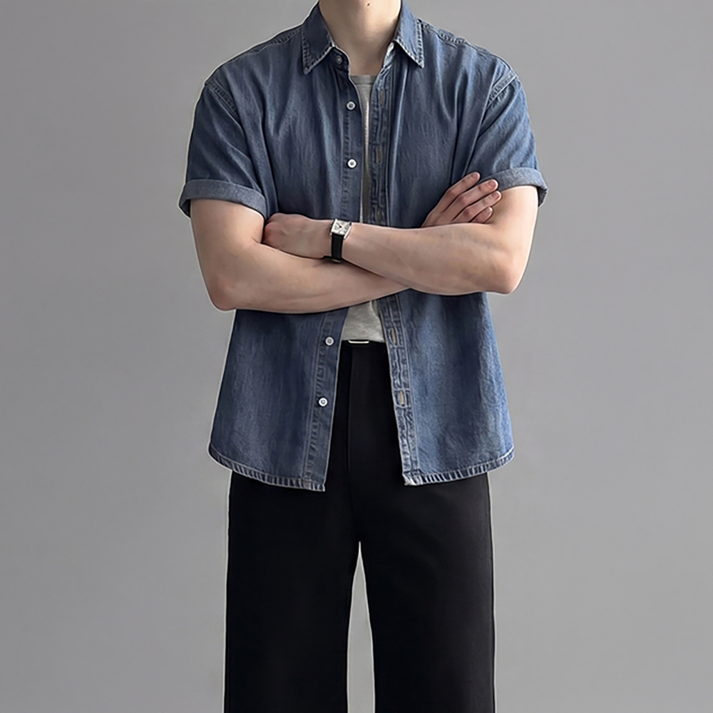 [SET] 오버핏 데님 반팔 셔츠 + 뒷밴딩 와이드 코튼팬츠 - 상세 이미지 4