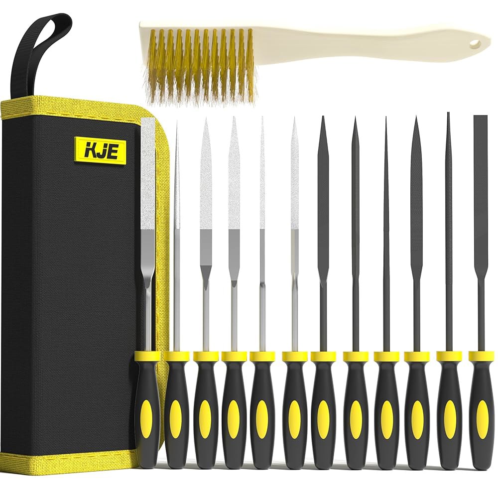 KJE 13PCS 바늘 파일 세트, 소형 세트에는 6PCS 다이아몬드 파일, 금속 정밀 금속, 주얼러, 목재, 가죽 및 플라스틱용 청소 브러시 휴대용 케이스가 포함되어 있습니다 - 상품 이미지