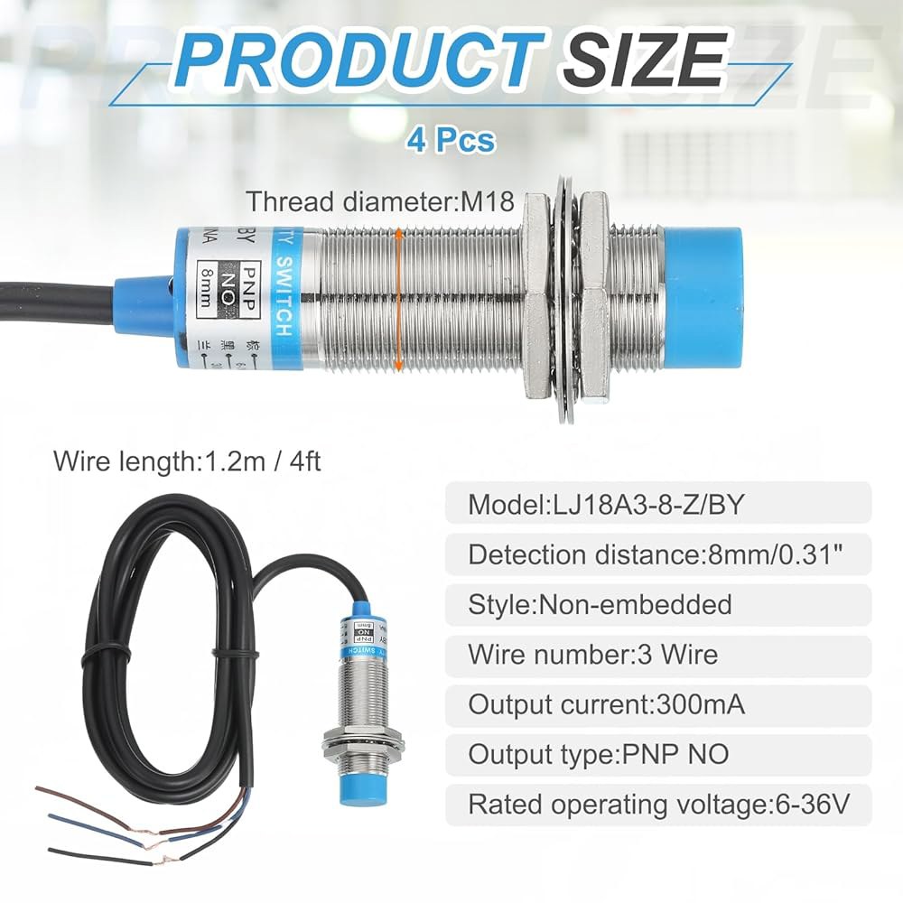MECCANIXITY 4Pcs 유도 근접 센서, PNP NO M18 DC 6-36V 300mA 스위치 감지기 접근 센서 8mm 3 와이어 산업 자동화 LJ18A3-8-Z /BY - 상세 이미지 2