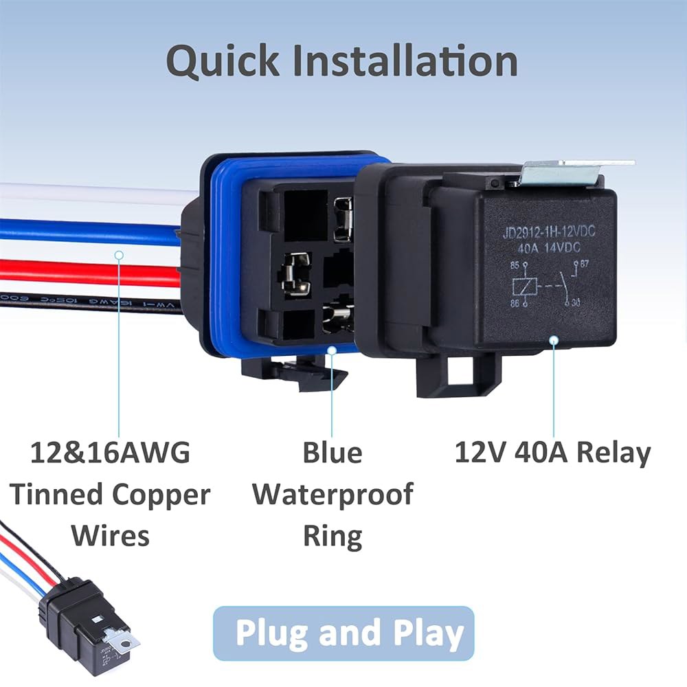 하네스 40/30 AMP 릴레이 스위치가 장착된 Ronybuy 4-PIN 12V DC IP65 방수 - 헤비 듀티 12&16 AWG 통조림 구리 와이어, 혼 스타터 라디에이터 모터 - 상세 이미지 3