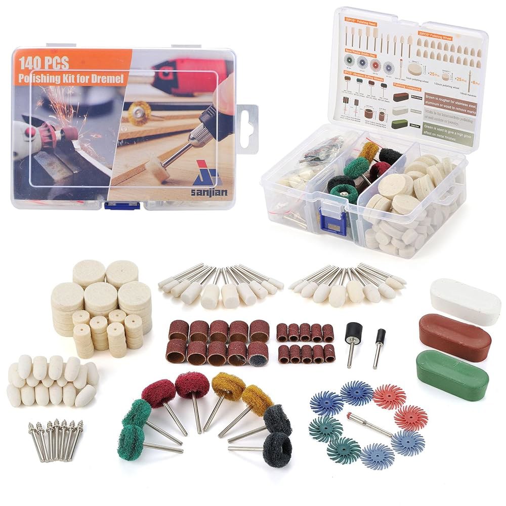 드레멜 공구와 호환되는 140 PCS 연마 키트, 회전 공구 액세서리용 버핑 휠 비트, 생크 1/8, 3Pcs 컴파운드, 금속, 수지, 목재, 주얼리용 소형 샌딩 키트 - 상품 이미지