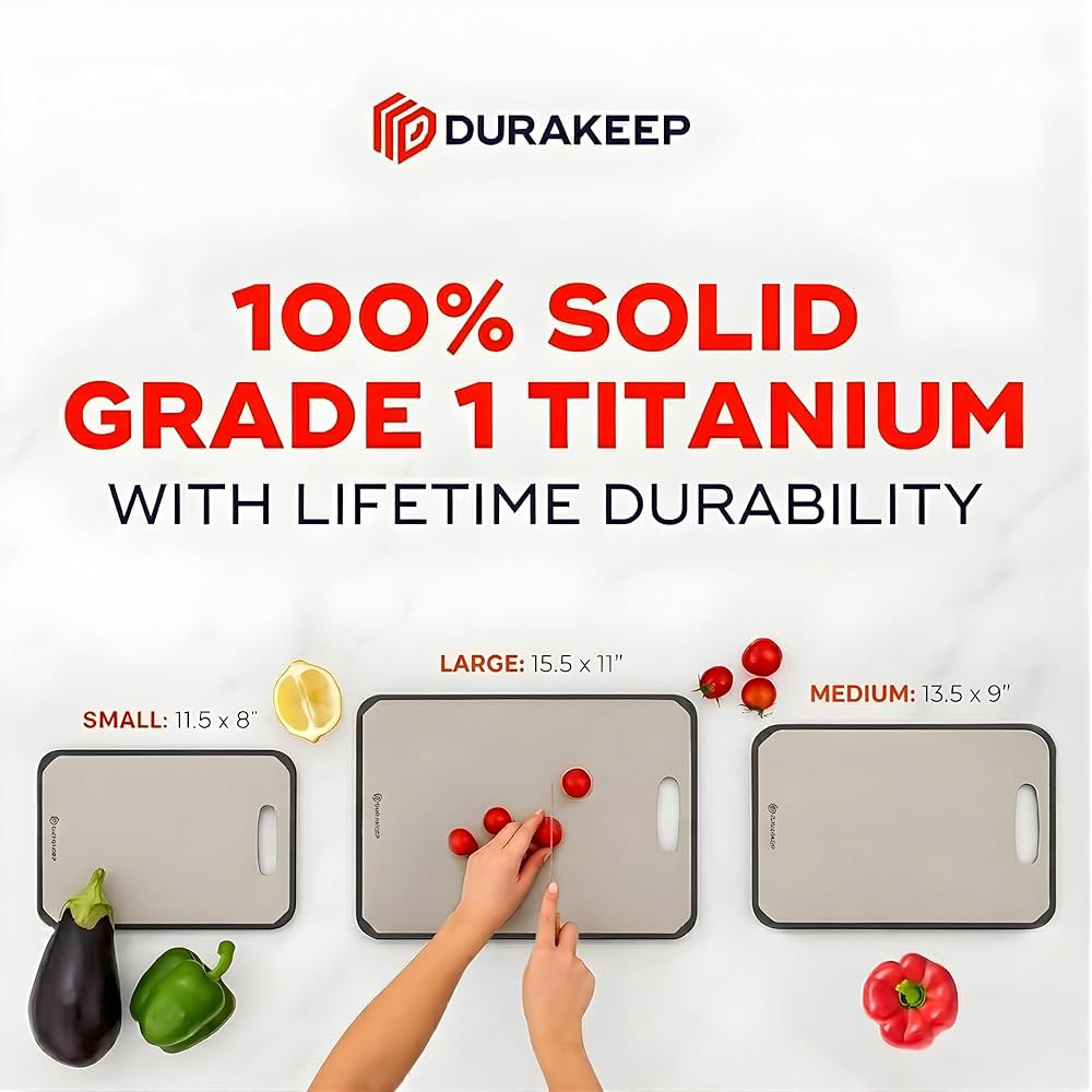 주방용 DURAKEEP 100 고체 티타늄 도마, 셰프 승인, 순수 프리미엄 1등급 티타늄, 고기 및 채소 다지기, 식기세척기 안전, 무독성, 탈착식 실리콘 베이스 u2013 대형 - 상세 이미지 2