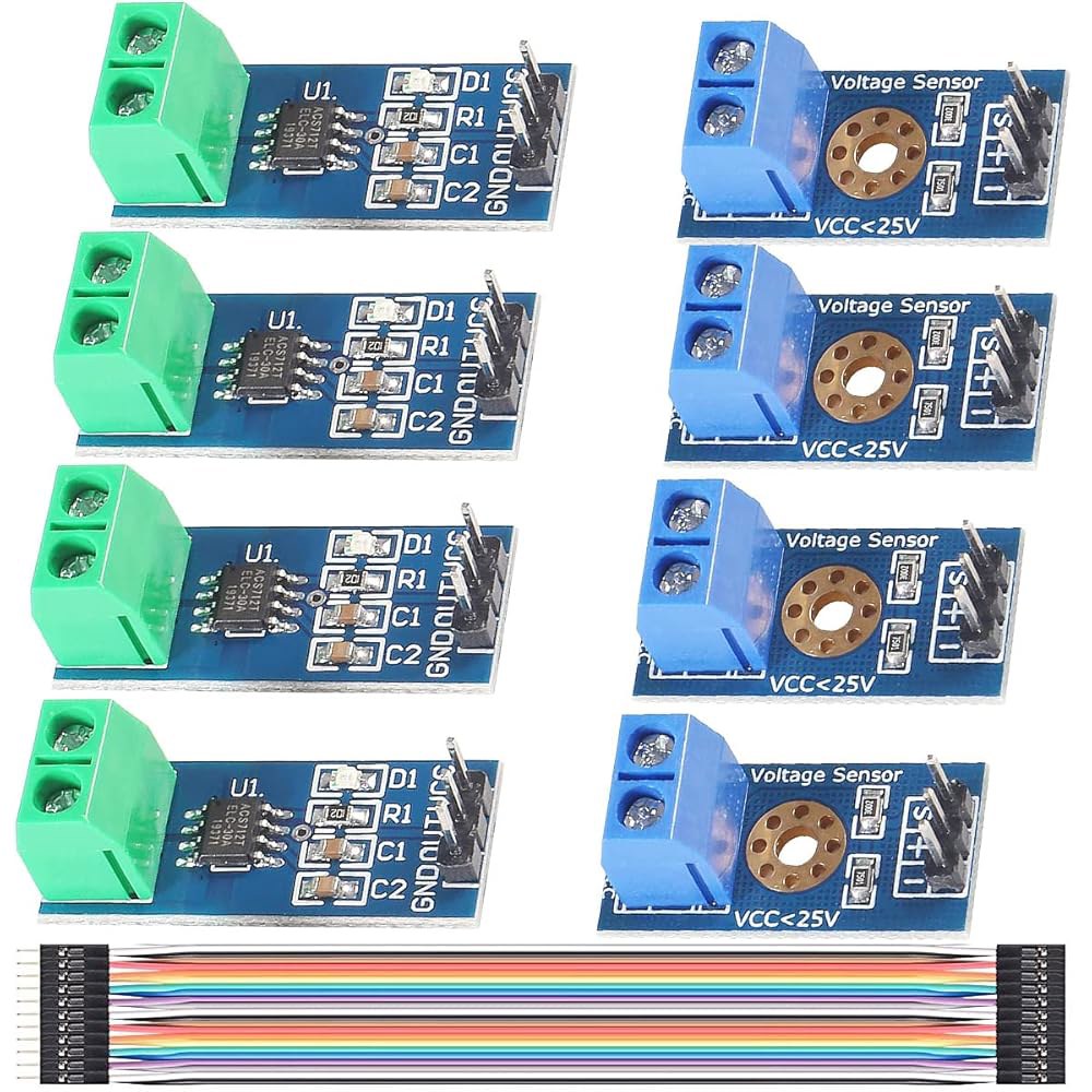 DKARDU 4pcs 범위 전류 센서 ACS712 홀 효과 모듈 30A + 전압 DC 0-25V 테스터(듀폰 케이블 포함) - 아두이노 DIY 전자 프로젝트용 25V+30A - 상품 이미지