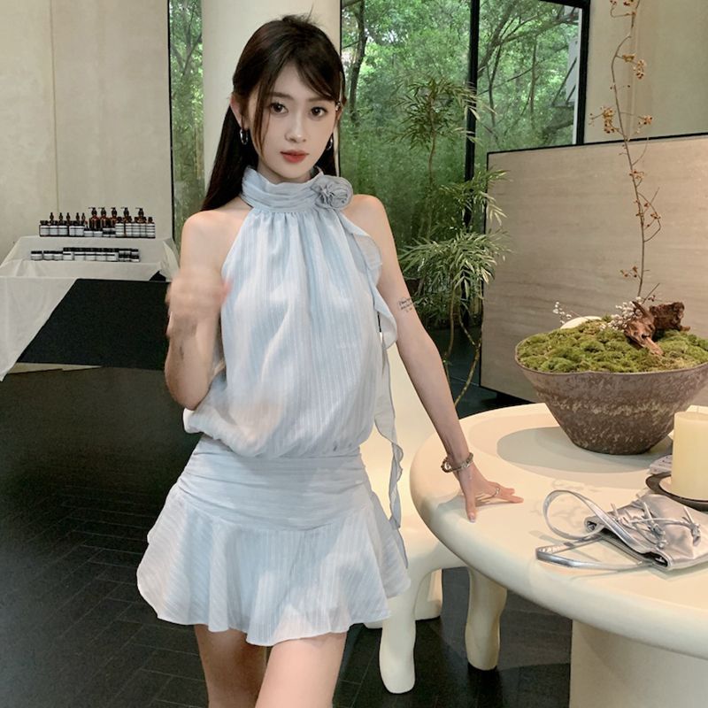 스트랩 끈나시 줄무늬 민소매 슬리브리스 레이어드 탑 티셔츠 골지 민소매티 민소매나시 이너 블루 S - 상세 이미지 2