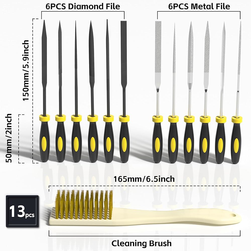 KJE 13PCS 바늘 파일 세트, 소형 세트에는 6PCS 다이아몬드 파일, 금속 정밀 금속, 주얼러, 목재, 가죽 및 플라스틱용 청소 브러시 휴대용 케이스가 포함되어 있습니다 - 상세 이미지 2