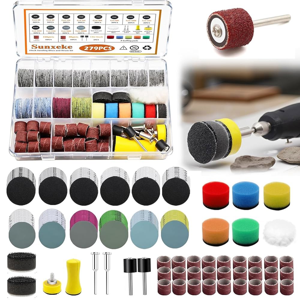 Dremel 공구 액세서리용 Sunxeeke 279PCS 1인치 샌딩 디스크 및 드럼, 연마 키트용 60-10000 그릿 후크 루프 사포, 수지/록/보석 연마용 비트 키트 - 상품 이미지