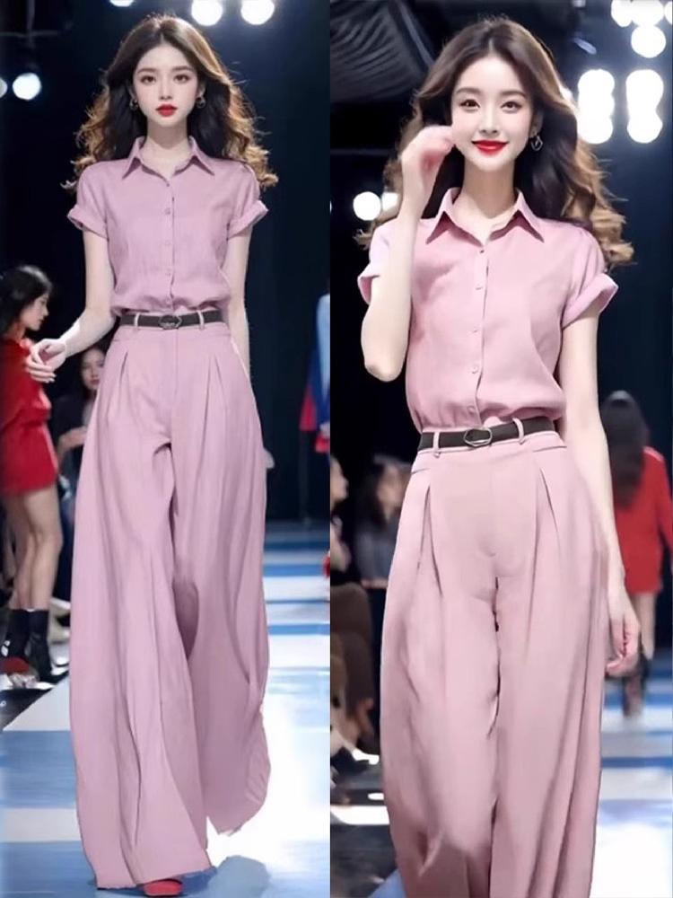 스커트 반팔 루즈핏 셋업 팬츠 캐주얼 셔츠 반바지 정장 투피스 여자 캐주얼투피스세트 티셔츠 블루(벨트) S (40-50kg) - 상세 이미지 3