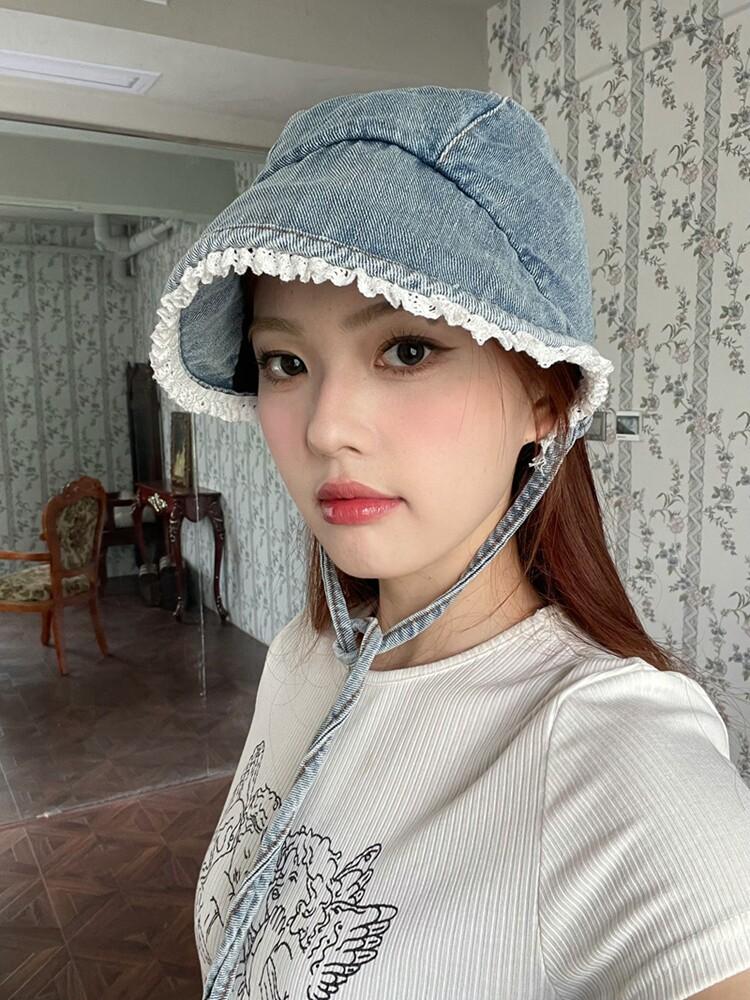 여성 데님 레이스 차양 보넷 모자 - 상세 이미지 4