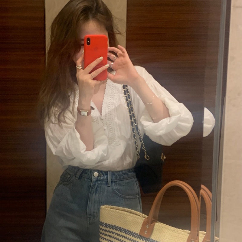 펀칭 긴팔 셔츠 프릴 화이트 루즈핏 빅사이즈 숨고 통풍 여름 여성 블라우스 - 상세 이미지 5