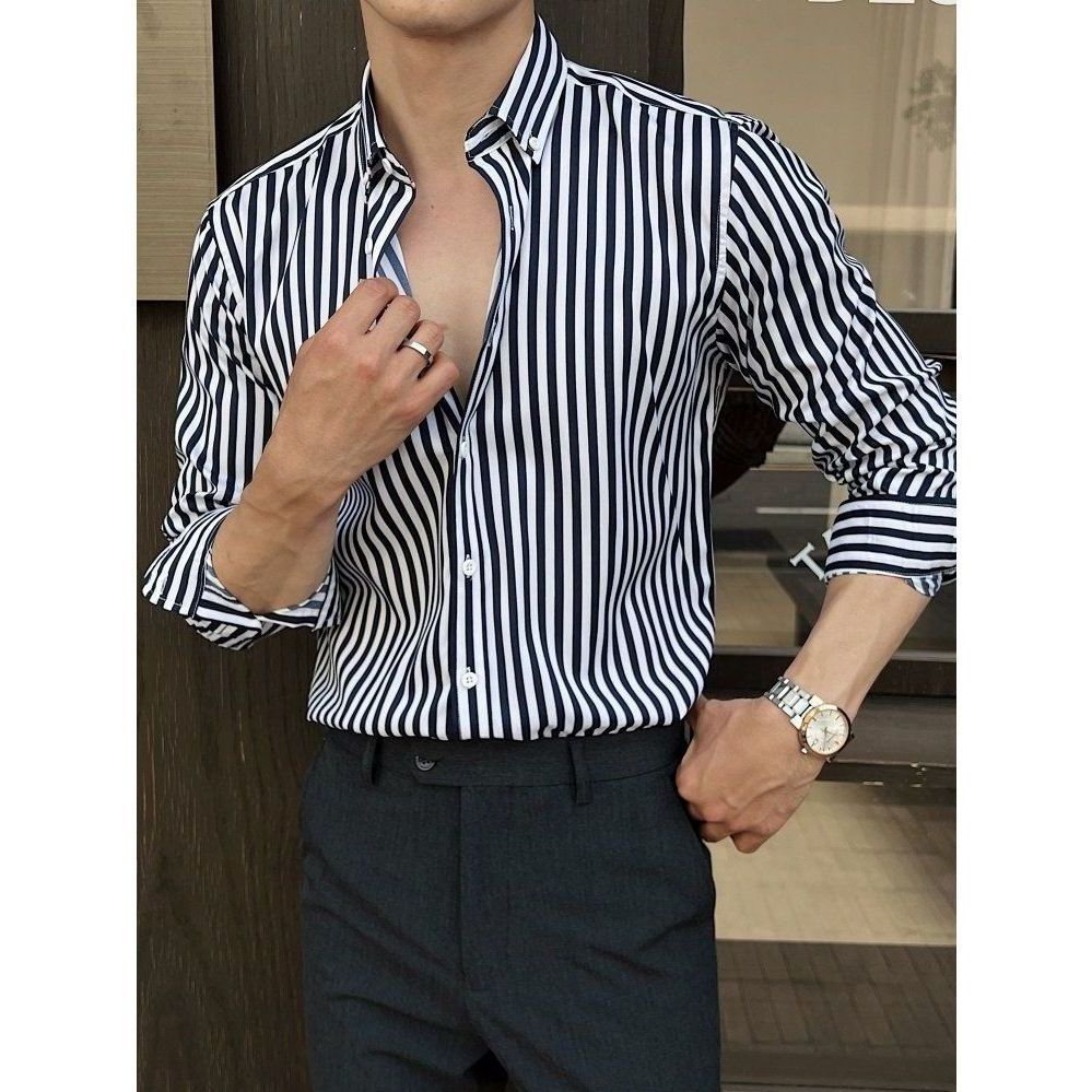 반팔티 스트라이프 카라티 기능성 남자 영국풍 오버핏 긴팔 슬리브 티셔츠 반팔티셔츠 남성 2311 블루 (플리스 없음) M (50 - 60kg) - 상품 이미지