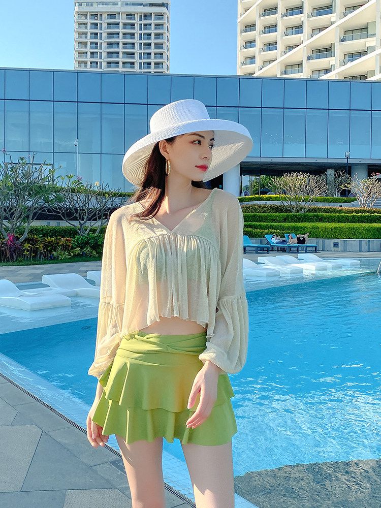 여성용 배를 신형 스판 반신 실내수영복 긴팔 스플릿 탄탄이 덮는 스목 반전신 여자 체형커버 그린 M - 상세 이미지 3
