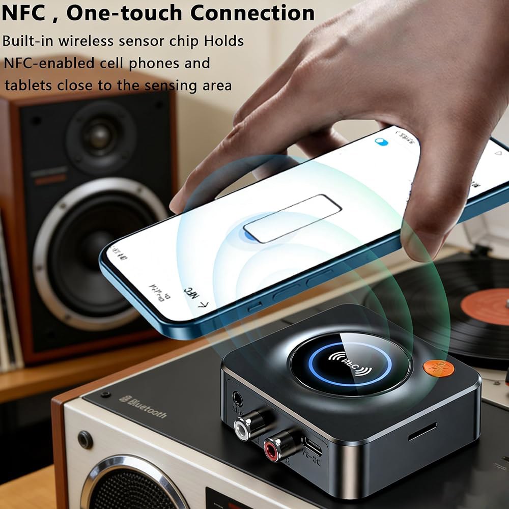 홈 스테레오용 블루투스 수신기, NFC 퀵 페어, 3.5mm AUX/RCA, TF 카드 슬롯, 음악 스트리밍 스테레오 시스템용 무선 오디오 어댑터 저지연 - 상세 이미지 3
