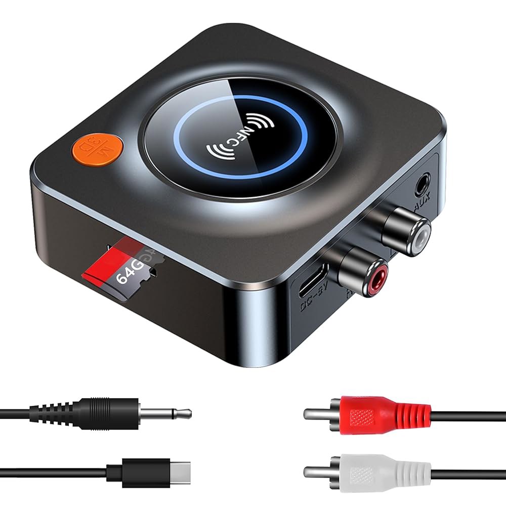 홈 스테레오용 블루투스 수신기, NFC 퀵 페어, 3.5mm AUX/RCA, TF 카드 슬롯, 음악 스트리밍 스테레오 시스템용 무선 오디오 어댑터 저지연 - 상품 이미지