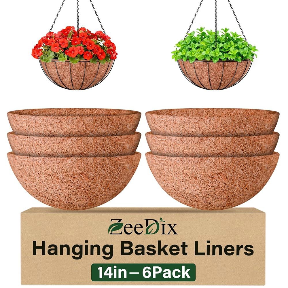 화분용 ZeeDix 6팩 14인치 코코넛 라이너, 원형 행잉 바구니 꽃용 천연 코코 코이어 교체 라이너 파티오 현관 정원 장식 6 14inch - 상품 이미지