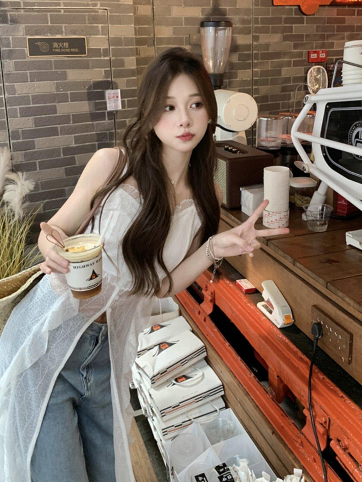 시스루레이어드원피스 여름 트임 드레스 여성 롱 치마 뷔스티에 민소매 - 상세 이미지 3