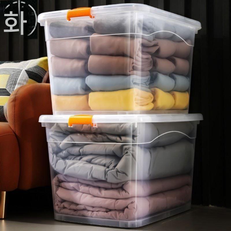 펜트리수납함 플라스틱 수납정리함 소품정리함 투명 옷정리함 다용도 접이식 대형리빙박스 초대형 할인 15L 2개 투명 오렌지 손잡이 - 상세 이미지 2