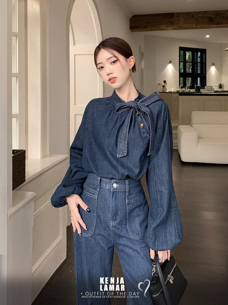 청난방 청남방코디 데님 블라우스 스카프 - 상품 이미지