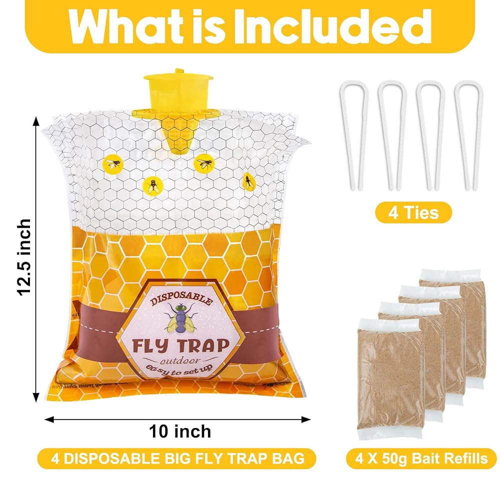 파티오를 위한 4팩 빅 플라이 트랩 야외 걸이, 50g 미끼가 달린 일회용 파리 가방, 헛간 말 목장 닭장을 벌레 헌터 포수 킬러 컨트롤 4 Pack - 상세 이미지 2